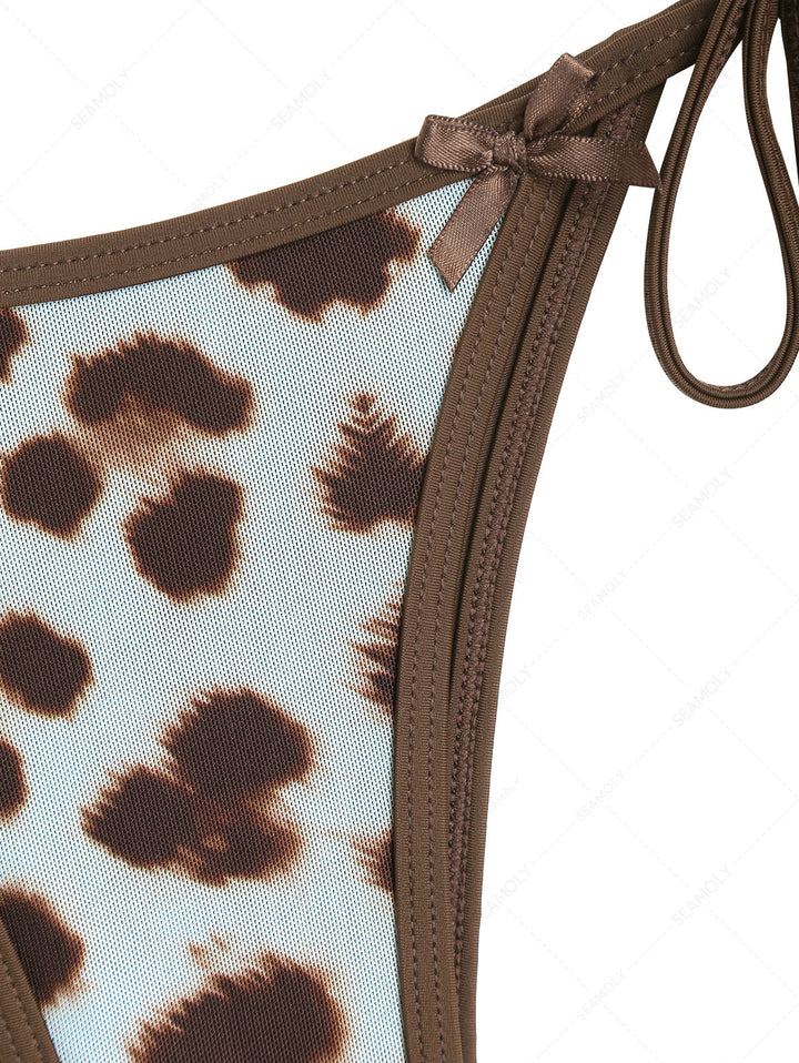 Seamolly 3 Piece Leopard Print Bowknot Contrast Binding Cheeky Boyshort Bikini Set
