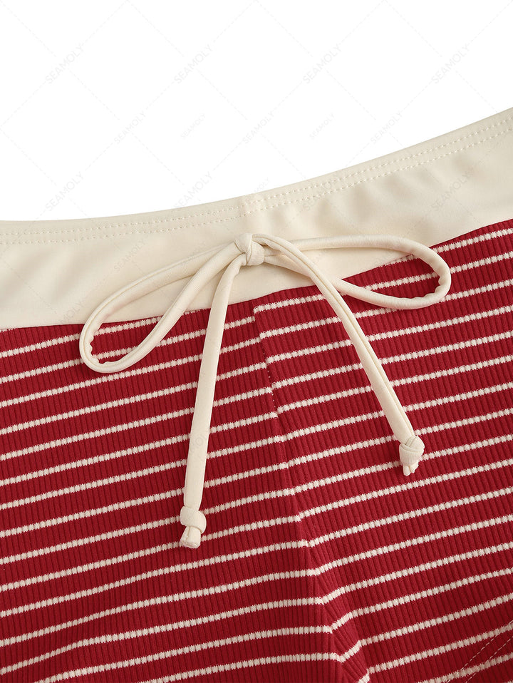 Seamolly Ribbed Striped Contrast Binding Cheeky Boyshorts Bikini Set