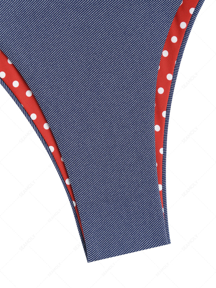 Seamolly Denim Polka Dot Print O Ring Double Layer Bikini Set