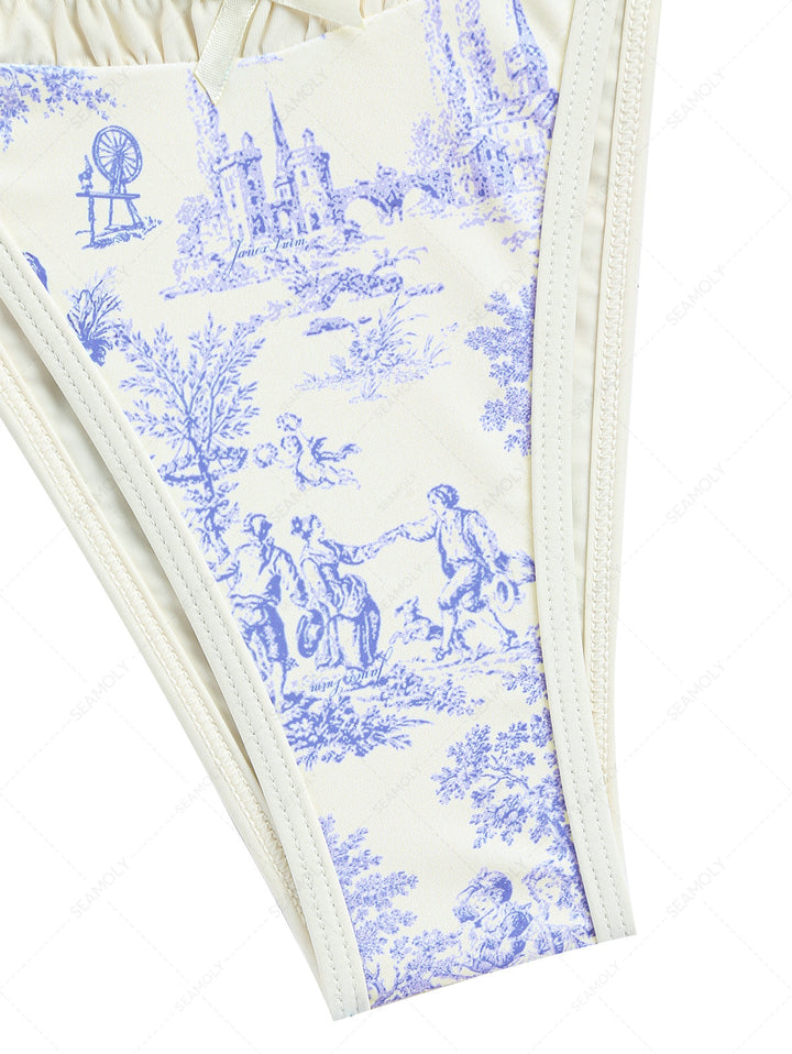 Crystal Cream Toile de Jouy Spliced Ruched Ruffles Cheeky Bikini Bottom