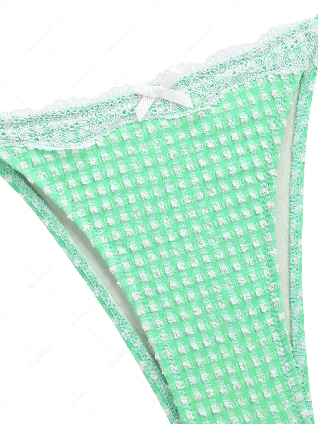 Green Bubble Grid Lace Bowknot Tie Side Cheeky Bikini Bottom