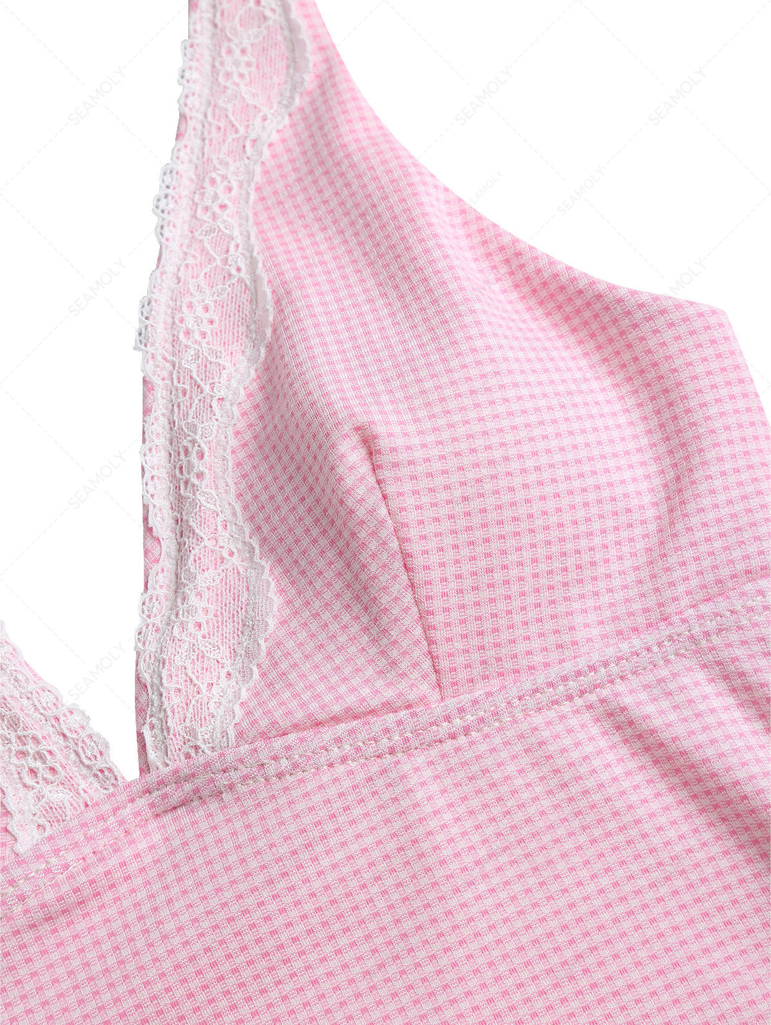 Light Pink Knitted Plaid Lace Plunging Neck Halter Tankini Top