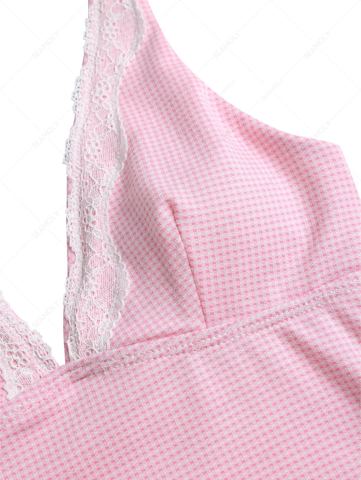 Light Pink Knitted Plaid Lace Plunging Neck Halter Tankini Top