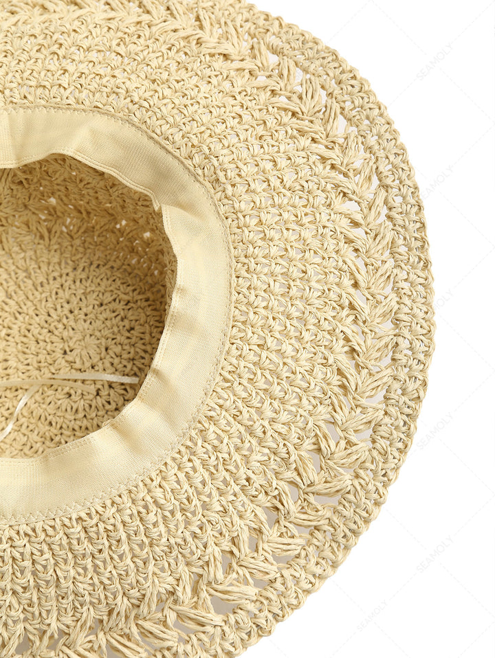 Crochet Hollow Out Floppy Foldable Wide-Brim Straw Bucket Sun Hat