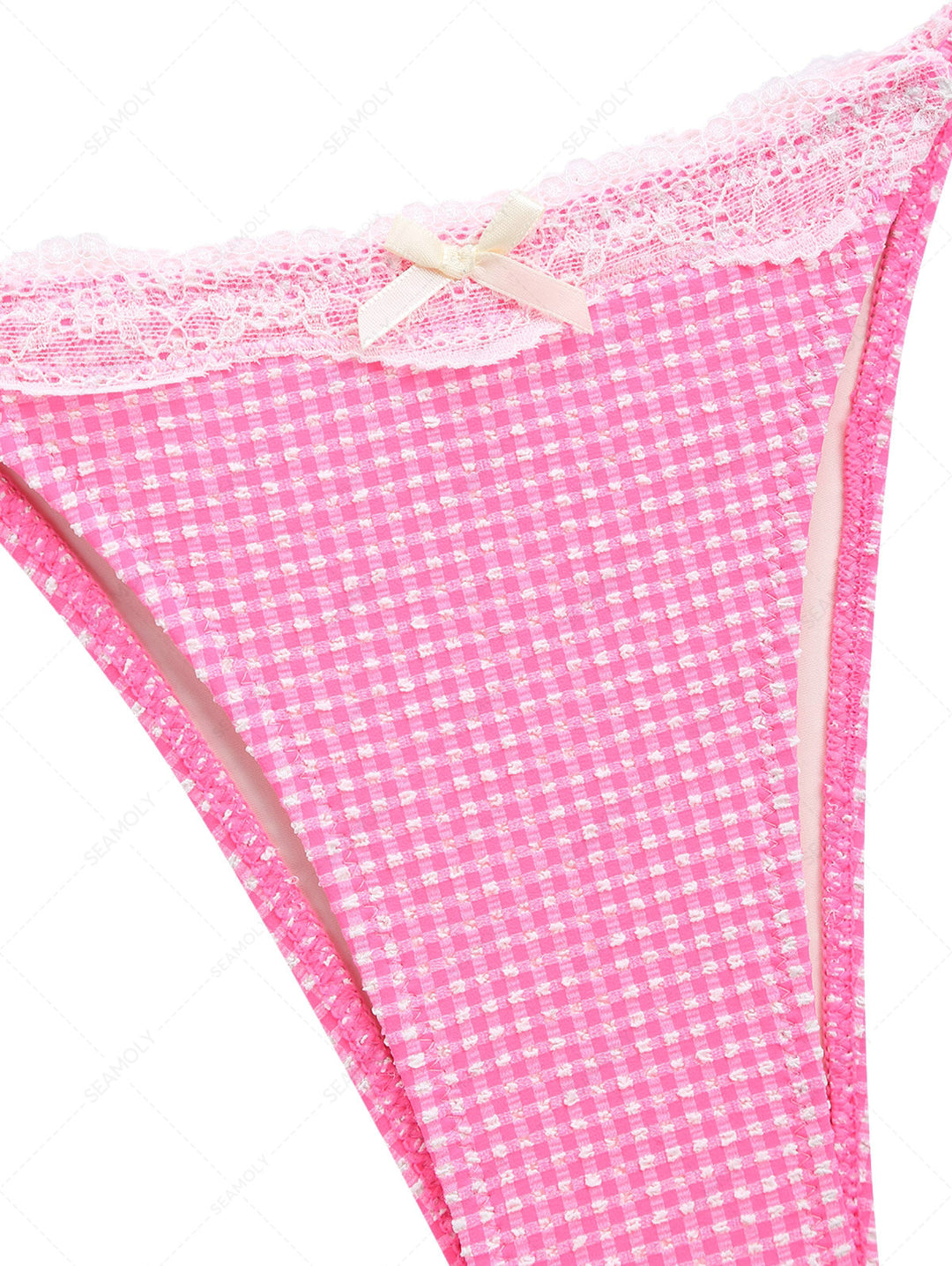 Light Pink Bubble Grid Lace Bowknot Tie Side Cheeky Bikini Bottom