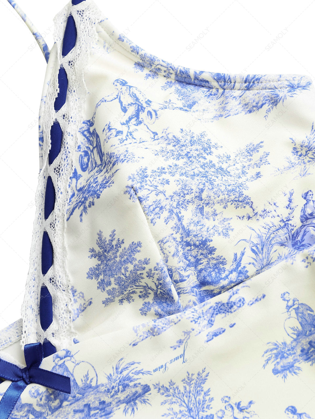 Crystal Cream Toile de Jouy Lace Plunging Neck Tankini Top