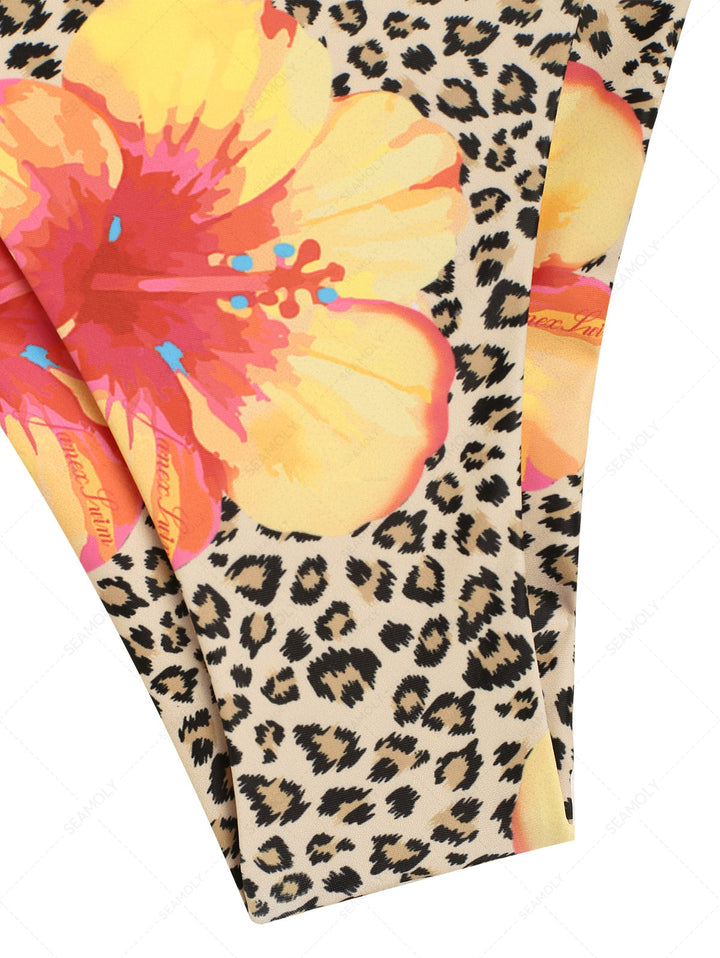 Leopard Floral Print Lace Bowknot Tie Side Cheeky Bikini Bottom