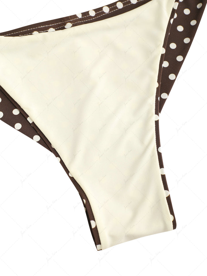 Deep Coffee Polka Dot Print String Cheeky Brazilian Bikini Bottom