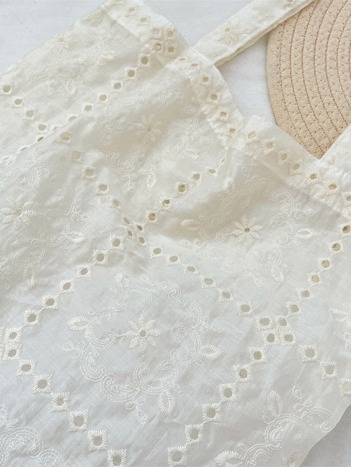 French Checkered Eyelet Floral Embroidery Shoulder Bag