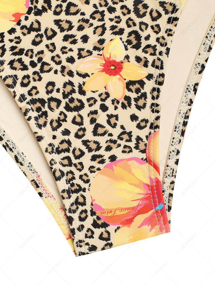 Leopard Floral Print Lace Up SideFull Coverage Bikini Bottom