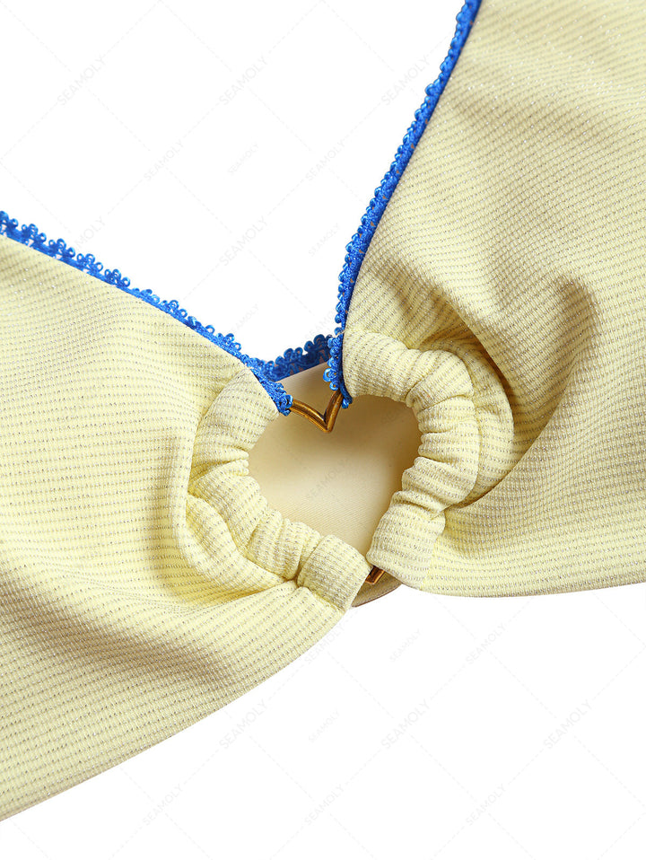 Yellow Glitter Sparkly Lace Heart-shaped Decor Bikini Top