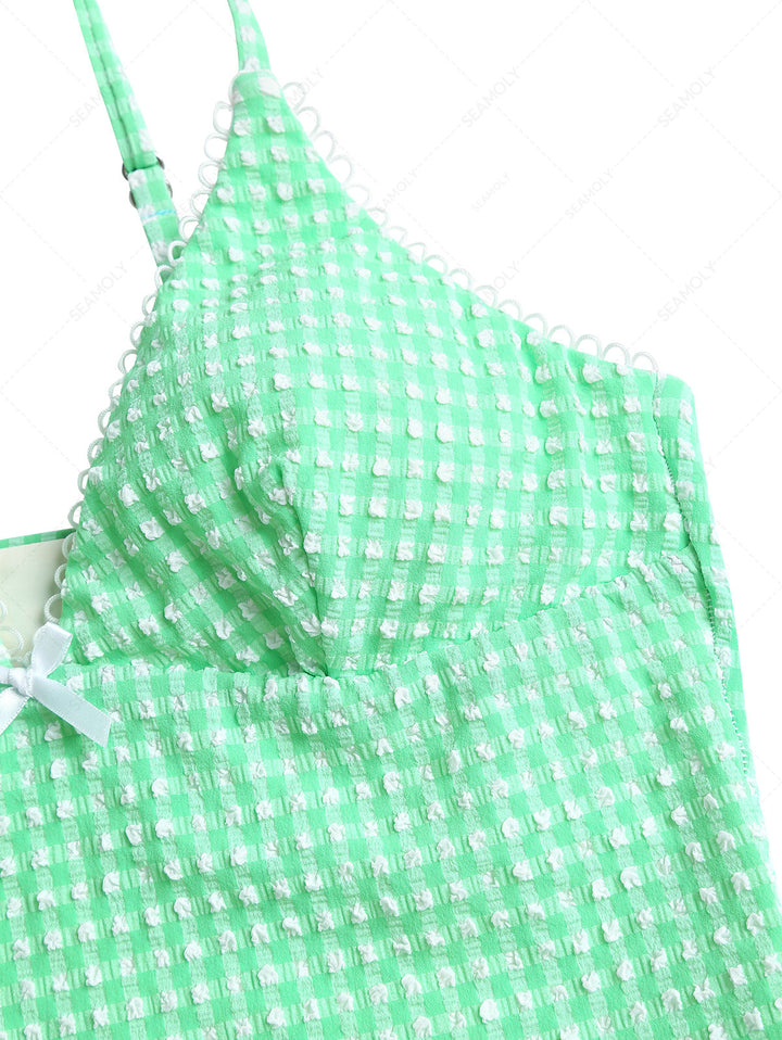 Green Bubble Grid Picot Trim Bowknot Tankini Top