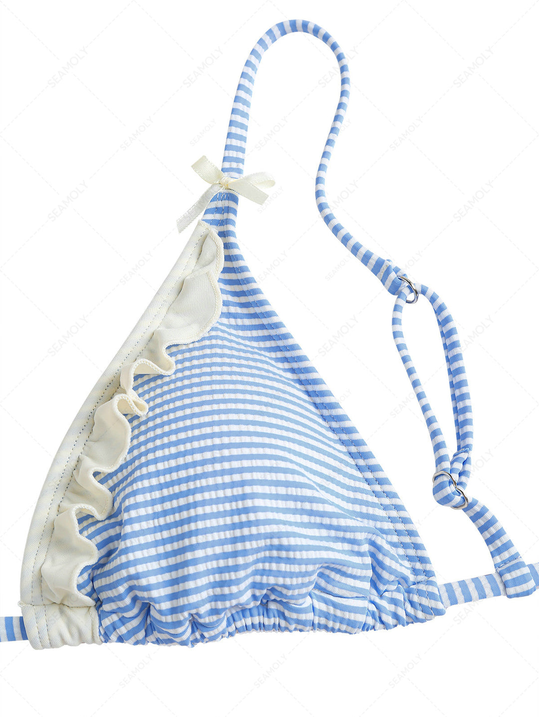 Light Blue Striped Frilled Ruffles Bowknot Triangle Bikini Top