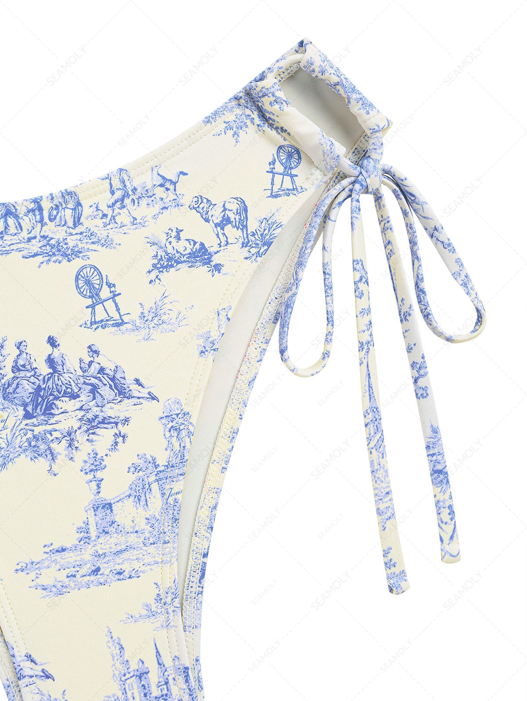 Crystal Cream Toile de Jouy Cinched Tie Side Hipster Bikini Bottom