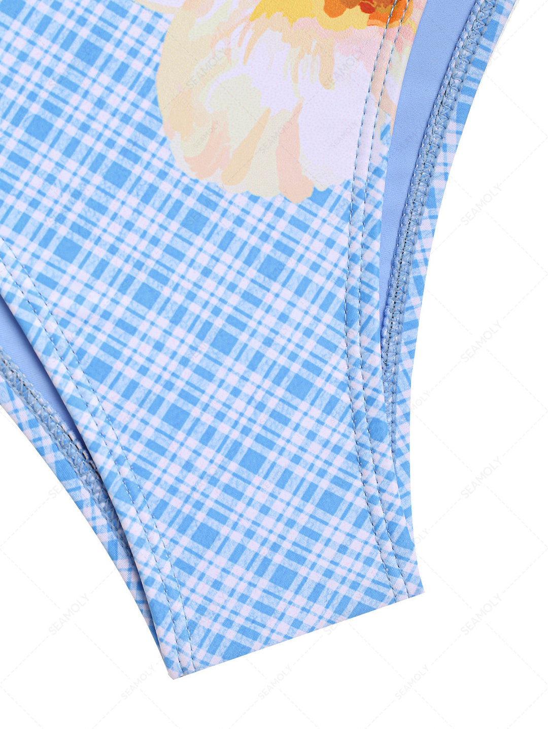 Light Blue Plaid Floral Lace Up Side Coverage Bikini Bottom