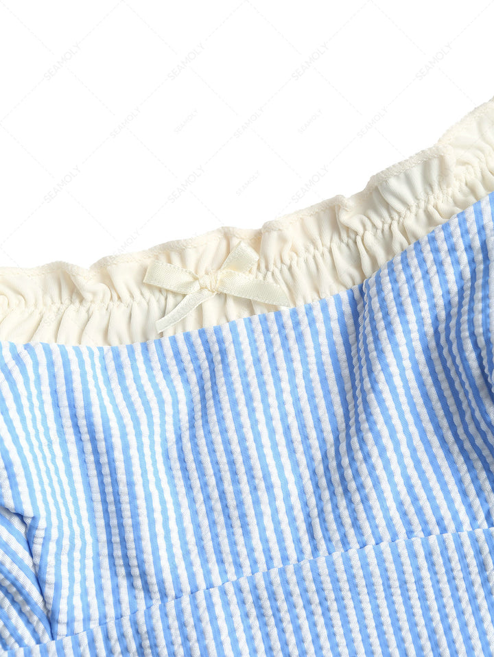 Light Blue Striped Spliced Ruched Ruffles Bowknot Tankini Top