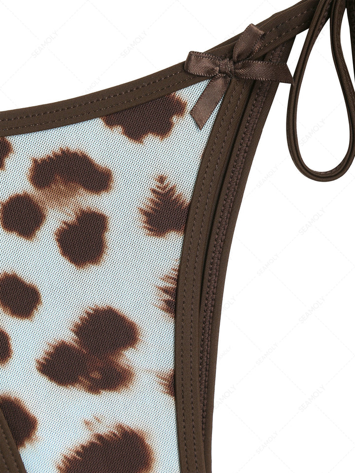 Seamolly 3 Piece Leopard Print Bowknot Contrast Binding Cheeky Boyshort Bikini Set