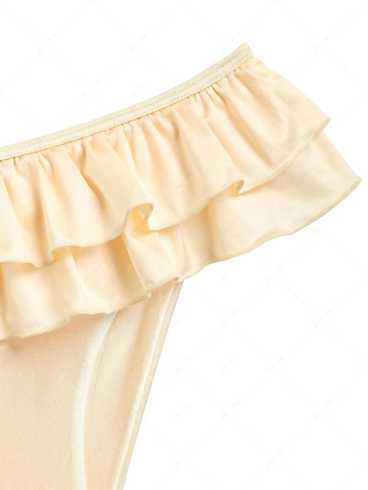 Champagne Satin Solid Color Ruched Bralette Layered Ruffles Skirtini Bikini Set
