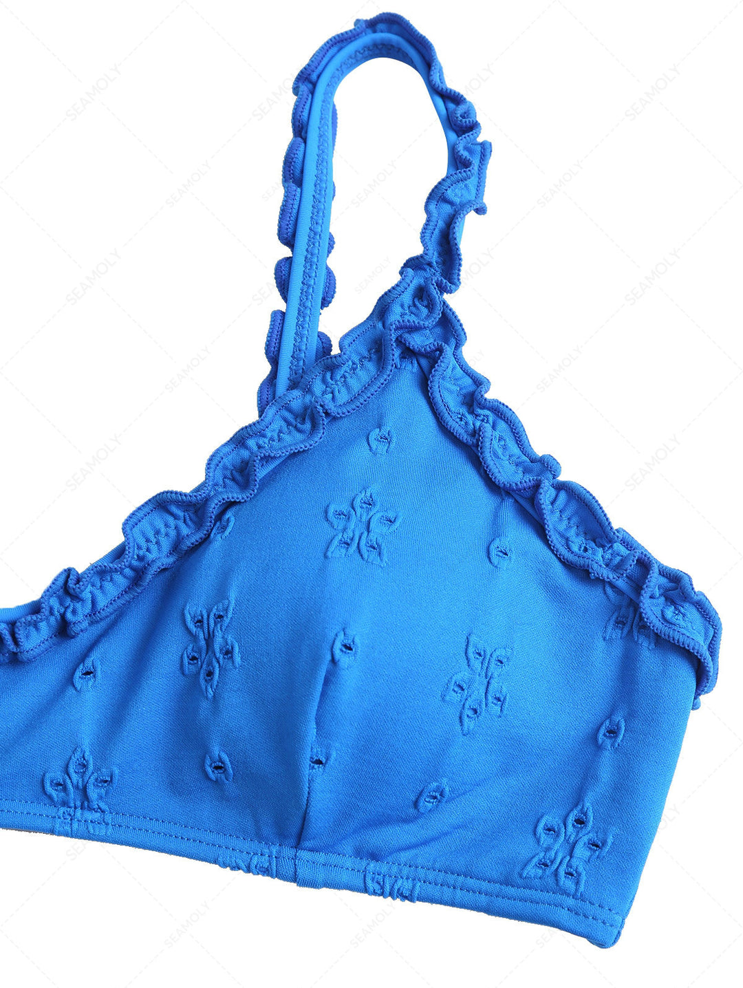 Blue Recycled Fabric Jacquard Ruffles Tank Style Bikini Top