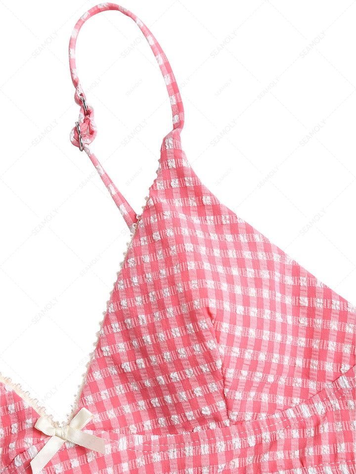 Red Bubble Grid Lace Bowknot Tank Style Bikini Top