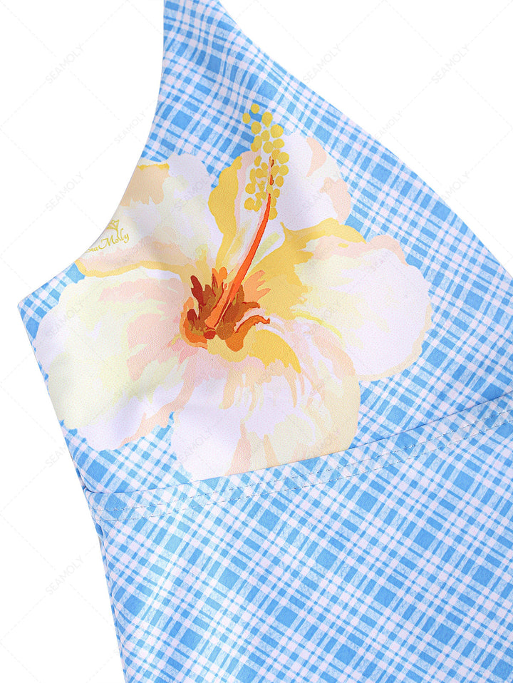 Light Blue Plaid Floral Halter Tied Tankini Top