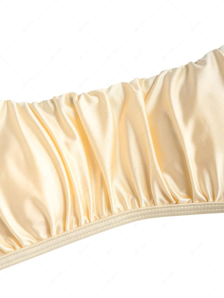 Champagne Satin Solid Color Ruched Bralette Layered Ruffles Skirtini Bikini Set