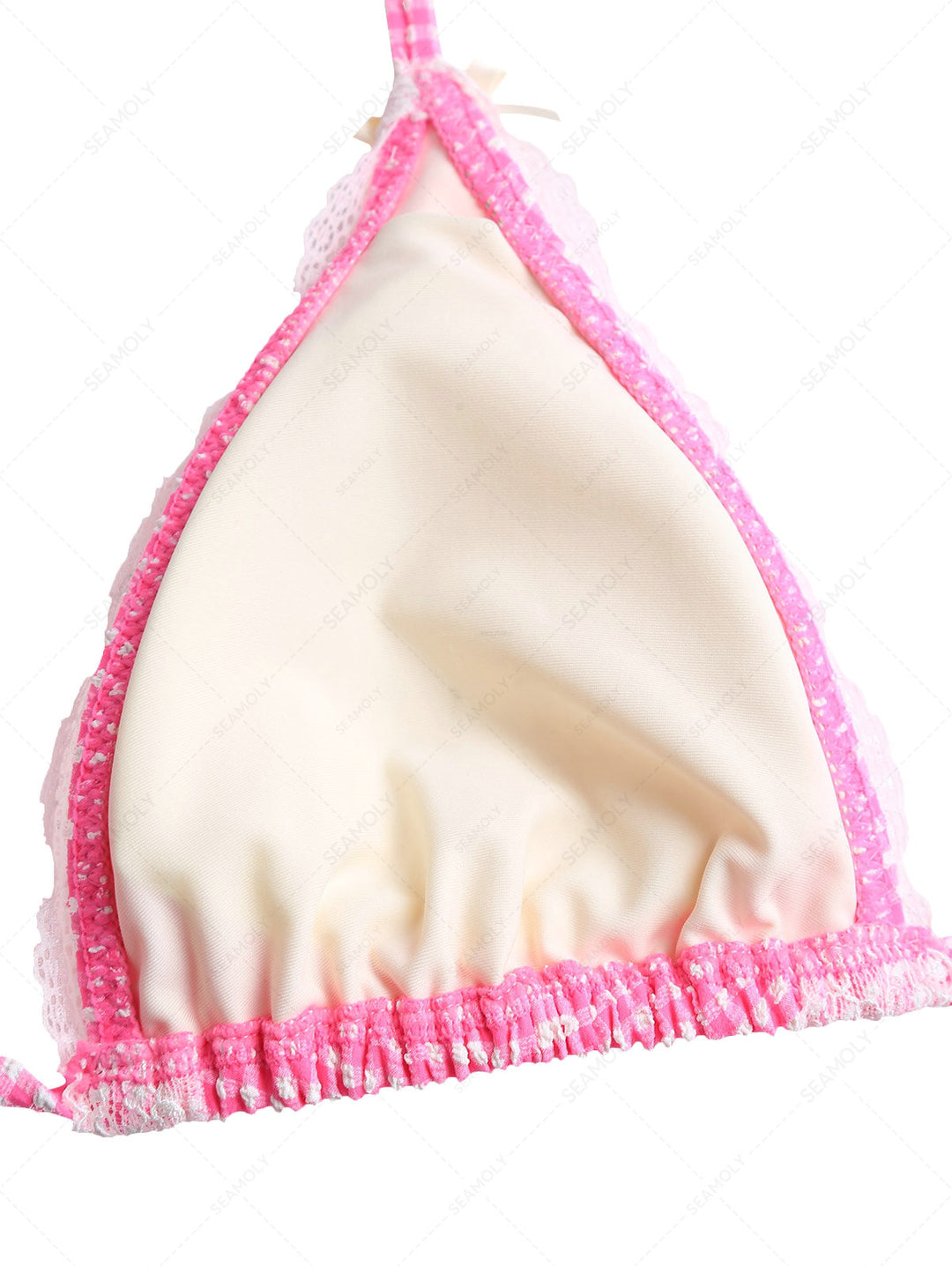 Light Pink Bubble Grid Lace Bowknot Halter Triangle Bikini Top