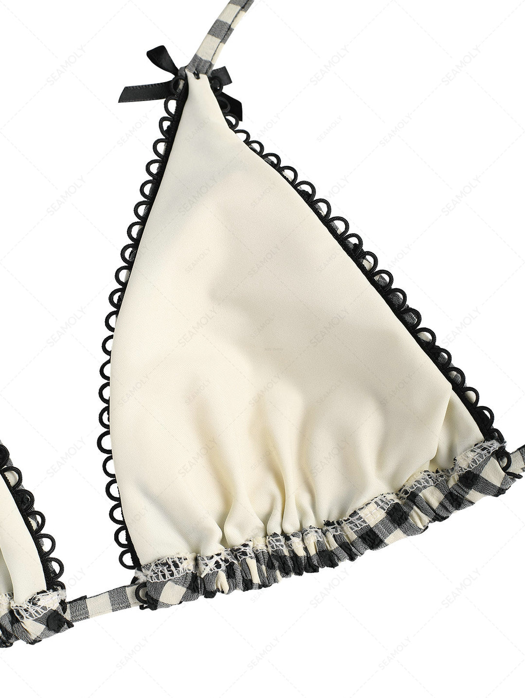 Vintage Black Plaid Picot Bowknot Halter Triangle Bikini Top