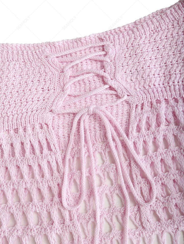 Flower Crochet Strapless Top And Drawstring Shorts Beach Cover Up Two Piece Set