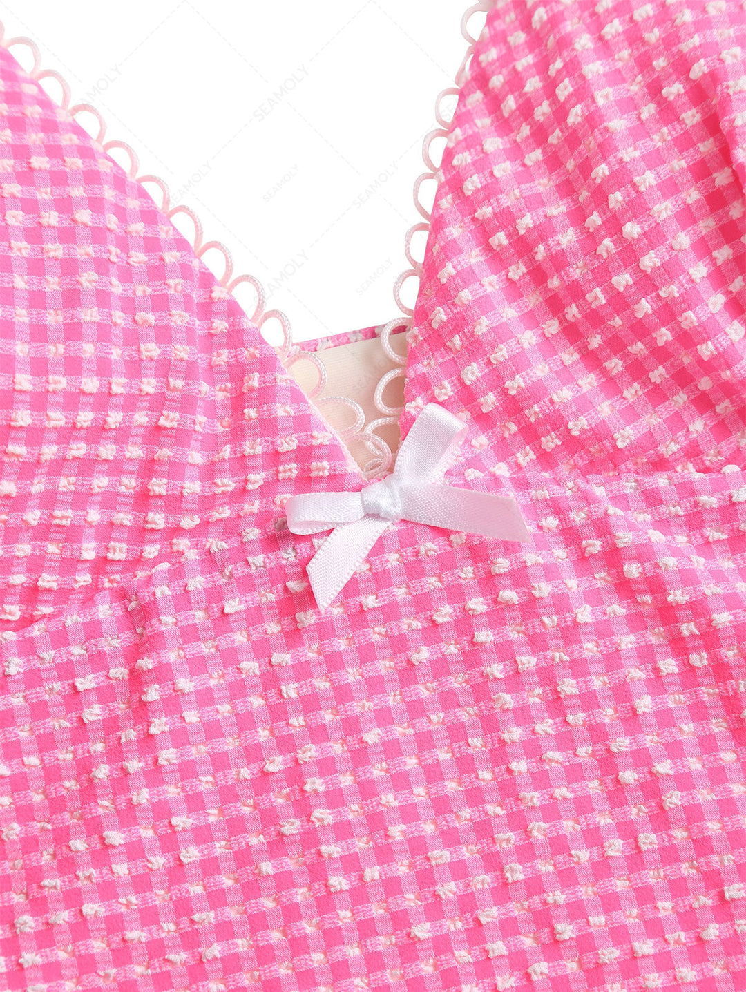 Light Pink Bubble Grid Picot Bowknot Tankini Top