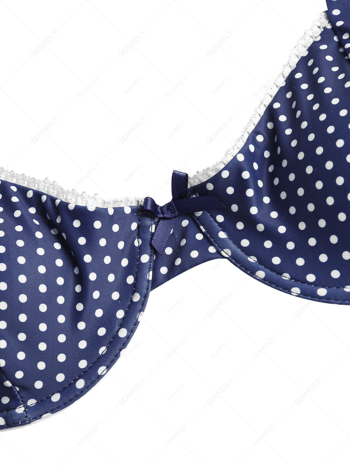 Deep Blue Polka Dot Lace Bowknot Underwire Bikini Top