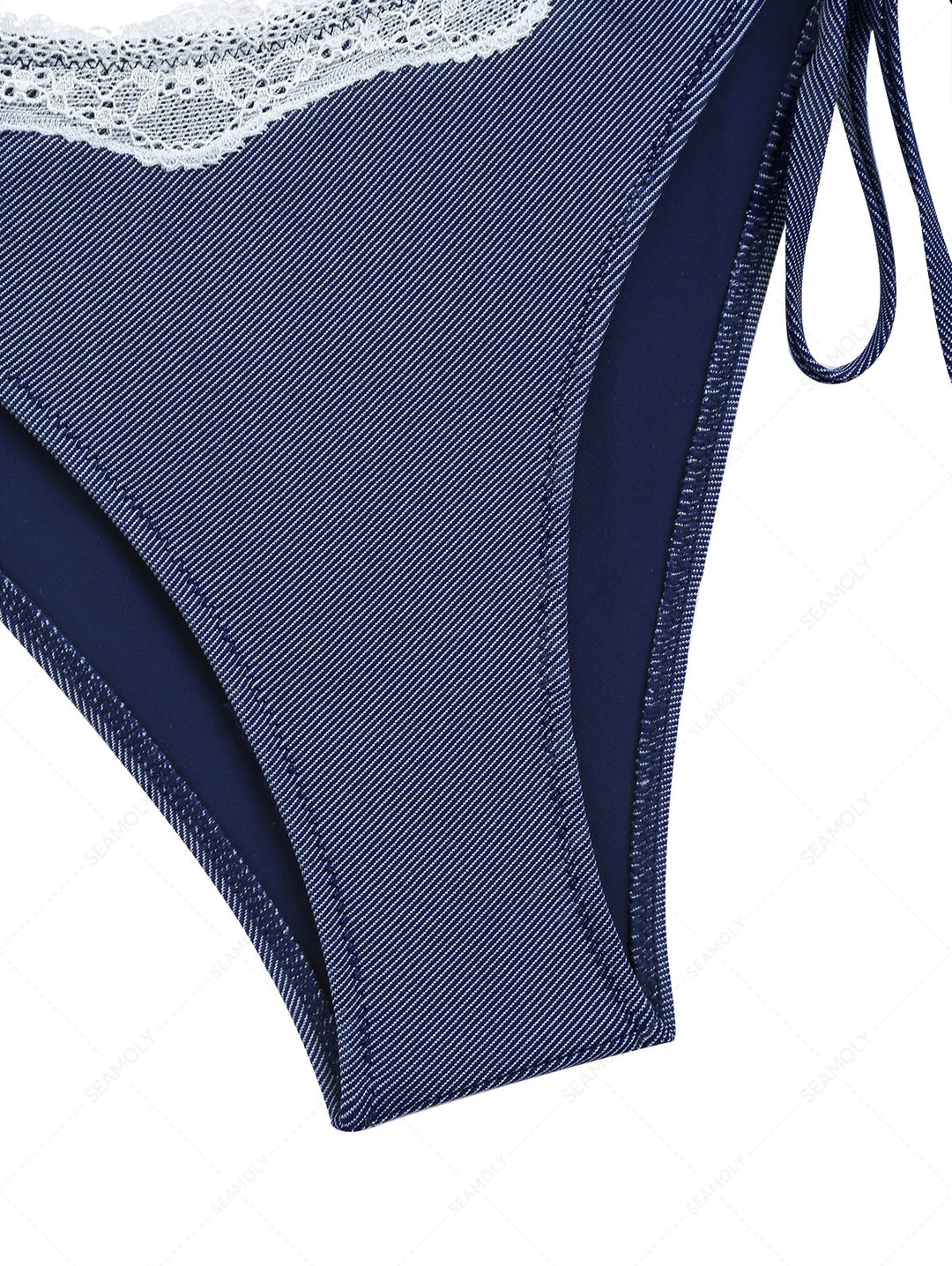 Deep Blue Denim Lace Cinched Tie Side Hipster Bikini Bottom