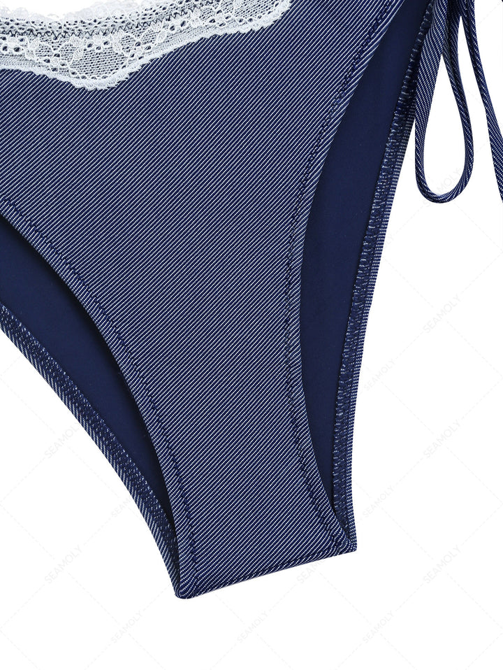 Deep Blue Denim Lace Cinched Tie Side Hipster Bikini Bottom