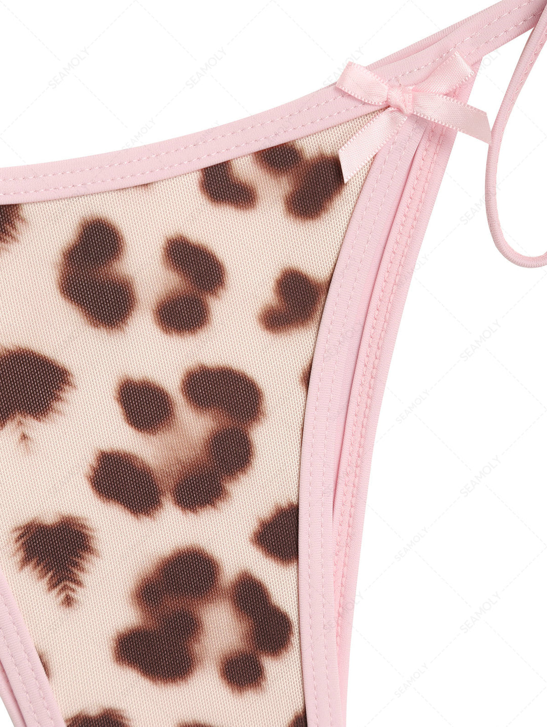 Seamolly Leopard Print Bowknot Contrast Binding String Tanga Bikini Set