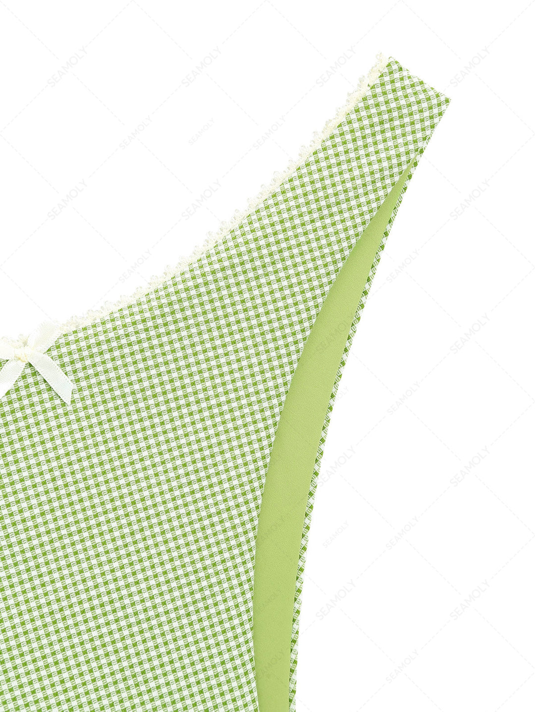 Janexswim Green Knitted Plaid Contrast Lace Bowknot Cheeky Bikini Bottom