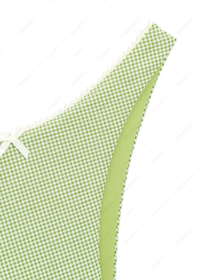 Janexswim Green Knitted Plaid Contrast Lace Bowknot Cheeky Bikini Bottom