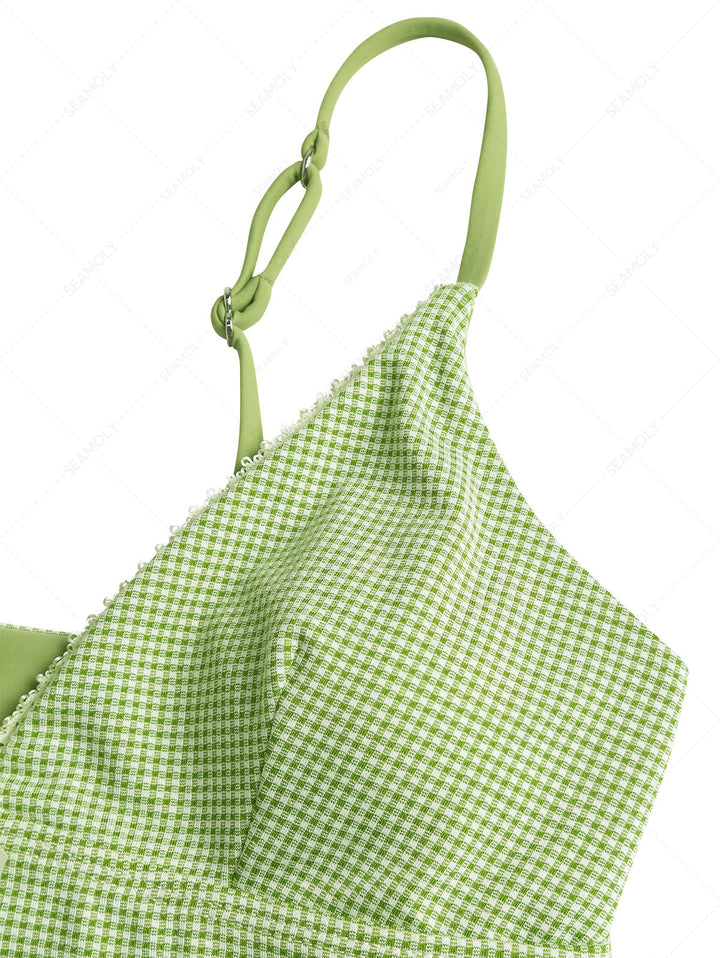 Green Gingham Lace Bowknot Plunging Neck Tankini Top