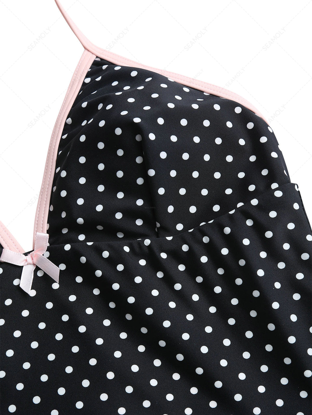 Black Polka Dot Print Bowknot Halter Tankini Top