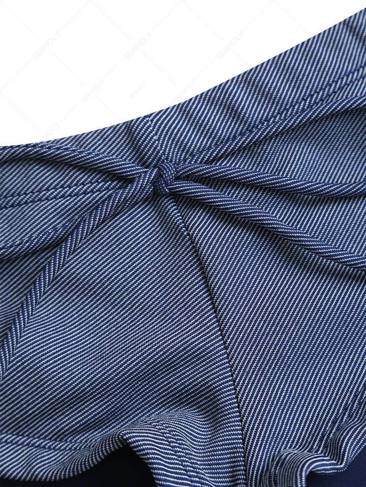 Deep Blue Denim Bowknot Low Rise Beach Swim Bottom Boyshorts