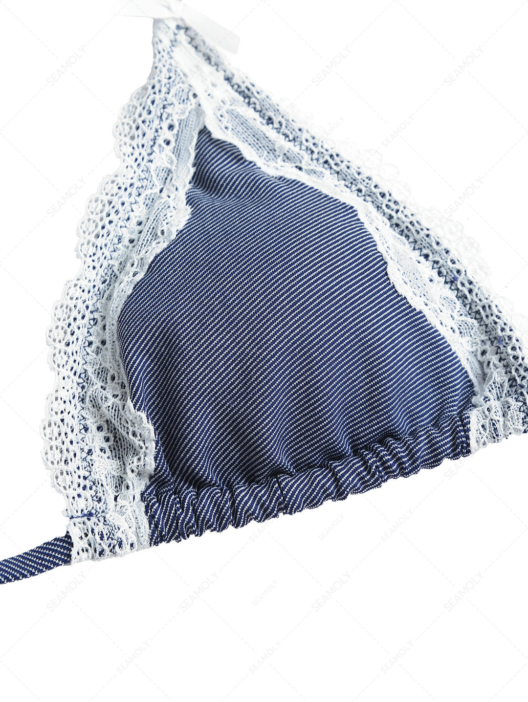 Deep Blue Denim Lace Bowknot Halter Triangle Bikini Top