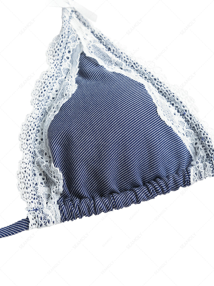 Deep Blue Denim Lace Bowknot Halter Triangle Bikini Top