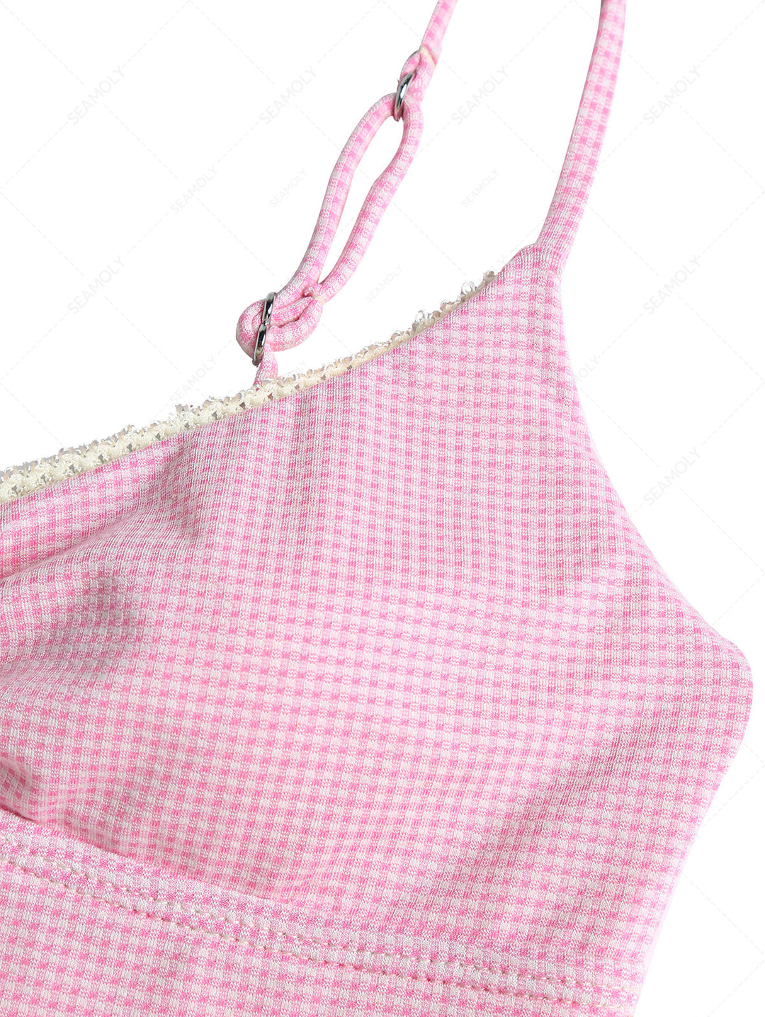 Light Pink Knitted Plaid Lace Bowknot Tankini Top