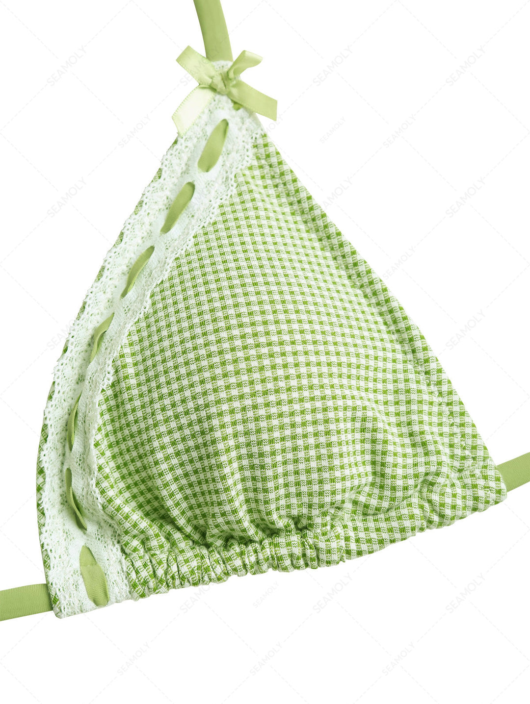 Green Gingham Lace Bowknot Halter Triangle Bikini Top