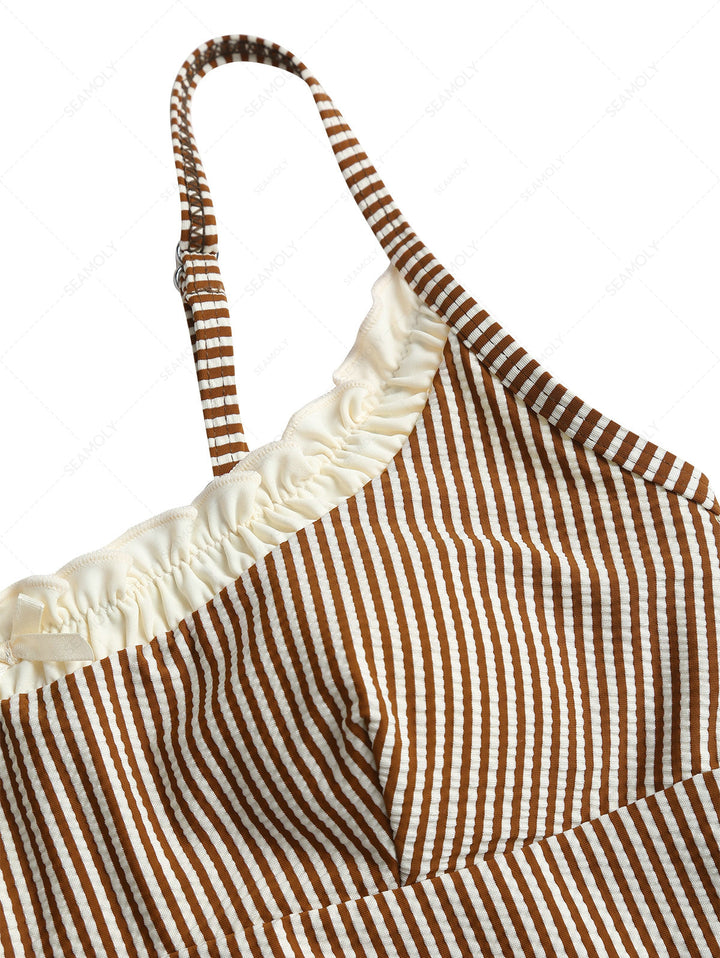 Coffee Striped Spliced Ruched Bowknot Tankini Top