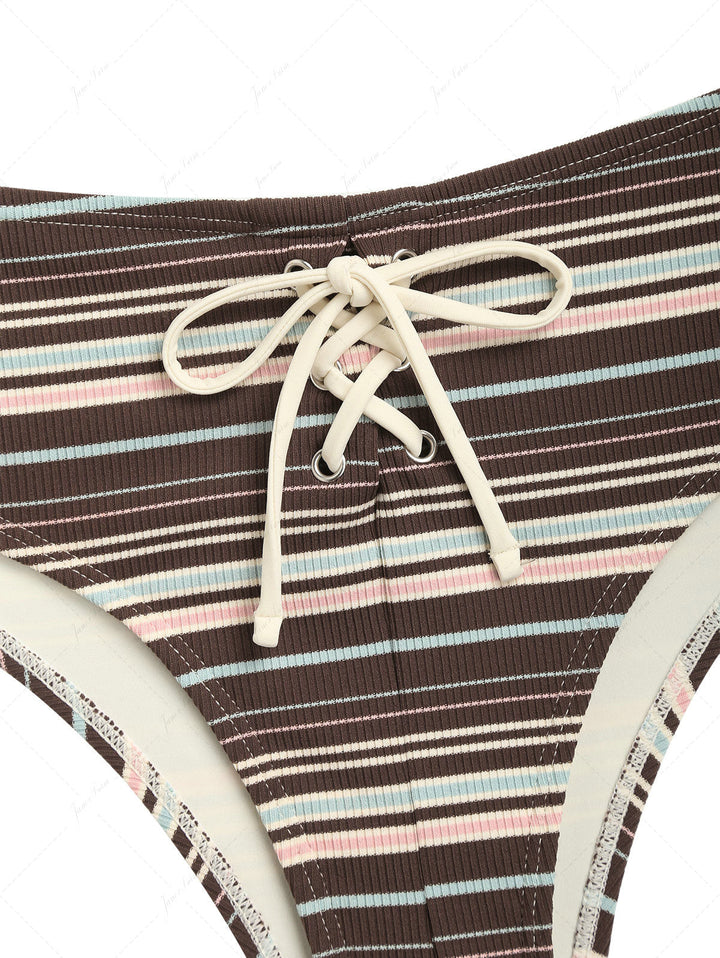 Deep Coffee Ribbed Knit Striped Triangle Push Up Bikini Set