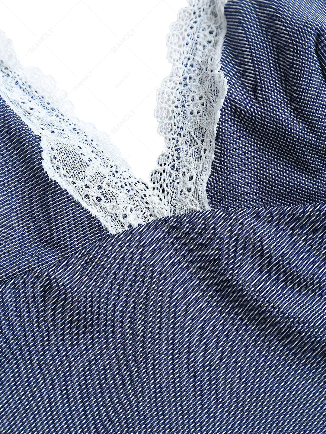 Deep Blue Denim Lace Plunging Neck Halter Tied Tankini Top