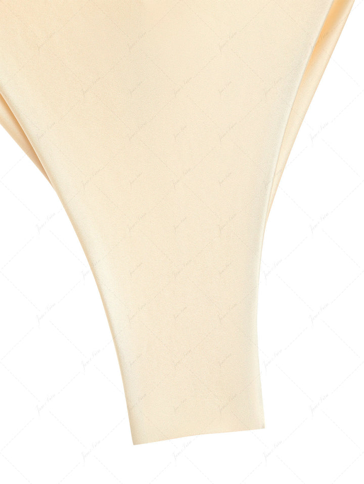 Champagne Satin Ruched Triangle Top & String Cheeky Brazilian Bottom Bikini Set