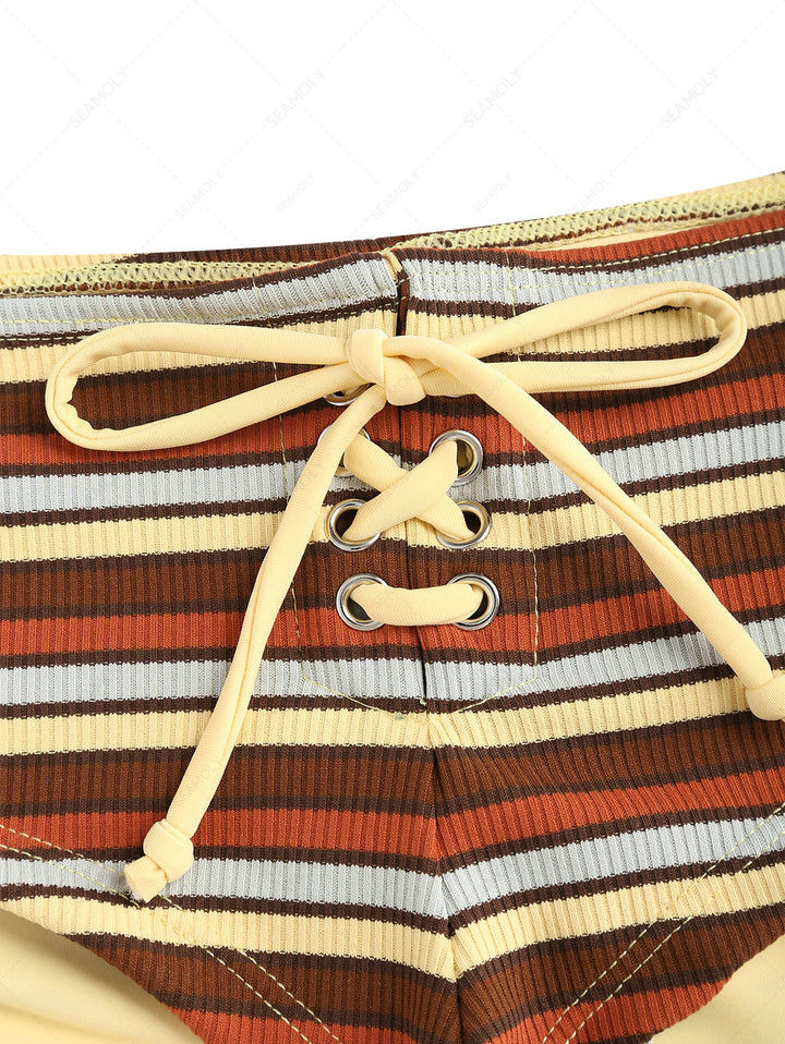 Seamolly Y2K Striped Triangle Push Up Top & Cheeky Boyshorts Bikini Set