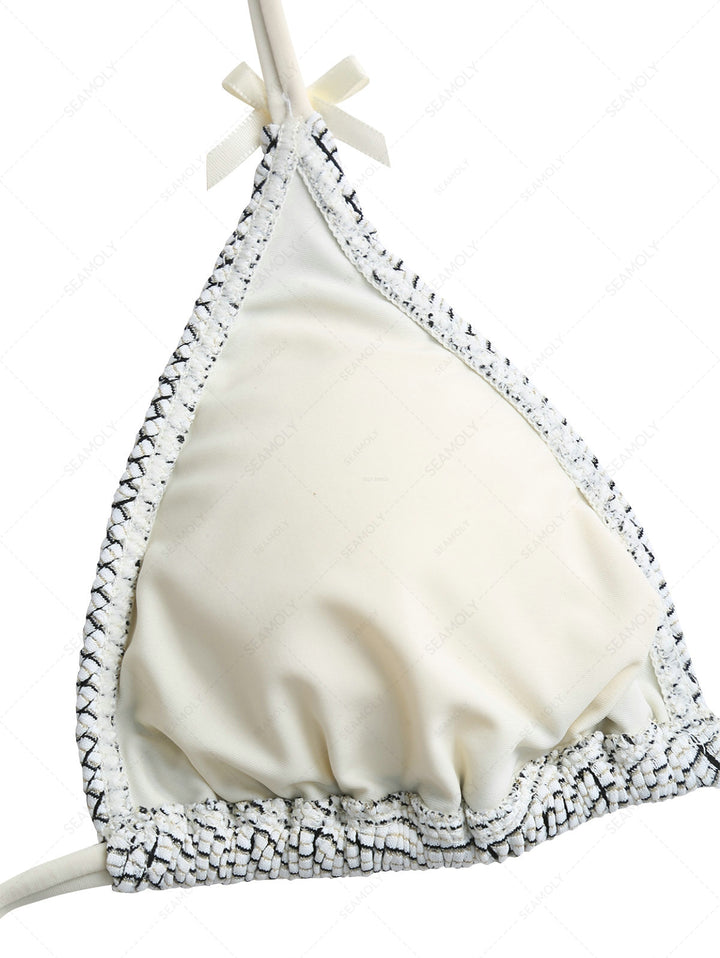 White Textured Fabric Bowknot Triangle Bikini Top