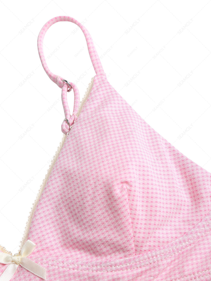 Light Pink Knitted Plaid Lace Bowknot Bikini Top